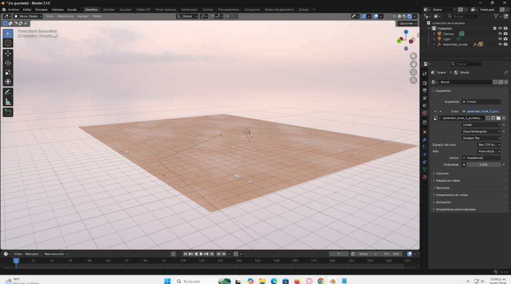Integración de una textura de cielo HDR 4K desde Poly Haven para lograr iluminación realista en el entorno 3D