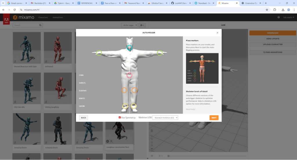 Interfaz de la plataforma Mixamo mostrando la previsualización de una animación de baile aplicada al modelo 3D del personaje