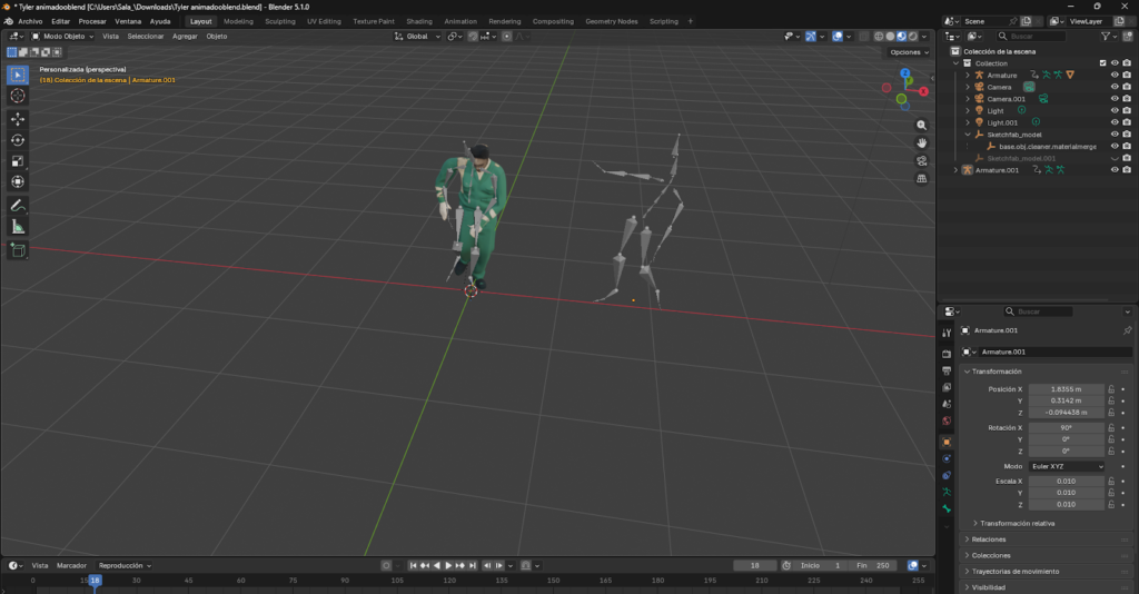 Organización y etiquetado de animaciones en Blender para facilitar la identificación de movimientos como 'caminar' o 'bailar' en la línea de tiempo