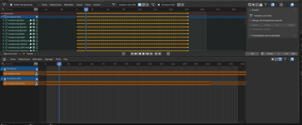 Vista de la línea de tiempo en Blender con múltiples pistas de animación sincronizadas para una secuencia cinematográfica natural