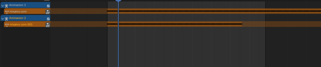 Vista de la línea de tiempo en Blender con múltiples pistas de animación sincronizadas para una secuencia cinematográfica natural