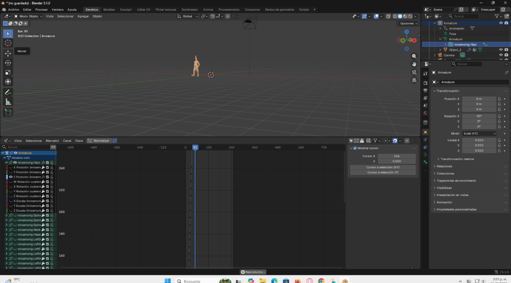 Aislamiento de la curva de movimiento de las caderas (hips) en el editor de curvas de Blender para refinar el desplazamiento del rig