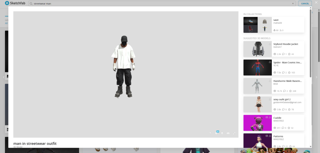 Interfaz de la plataforma Skechfab mostrando la previsualización de una animación de baile aplicada al modelo 3D del personaje