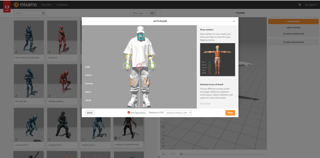 nterfaz de la plataforma Mixamo mostrando la previsualización de una animación de baile aplicada al modelo 3D del personaje