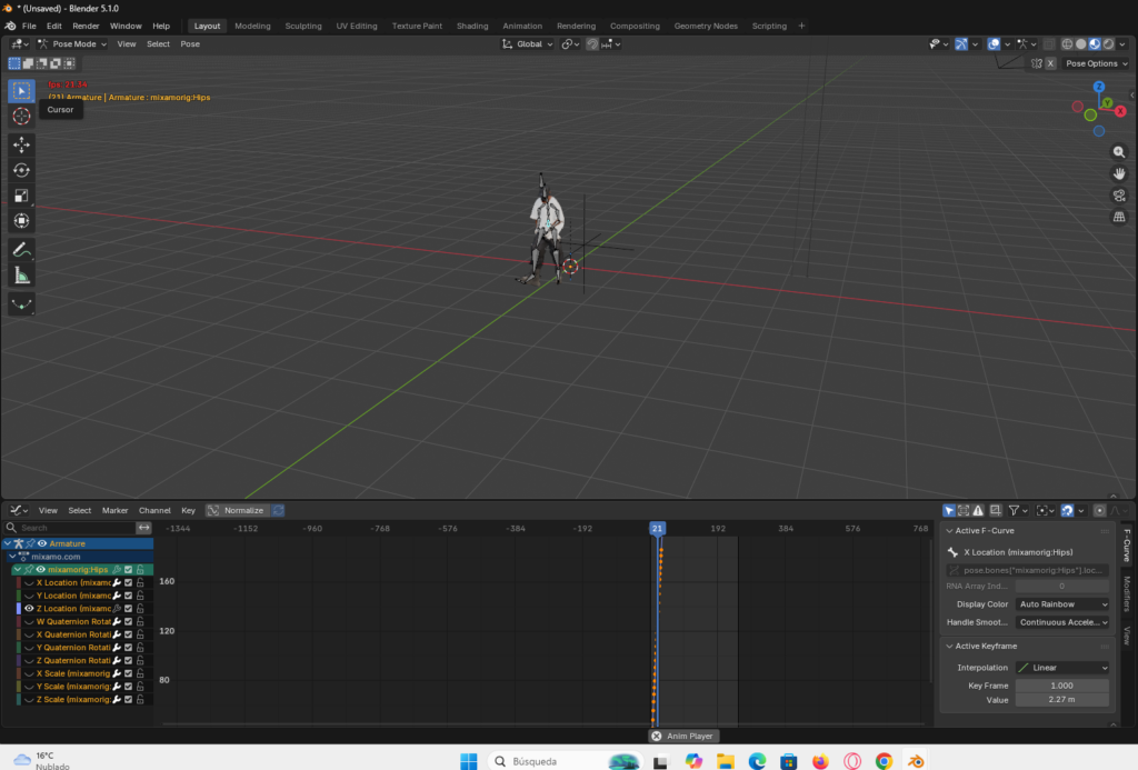 Configuración de 'Linear Extrapolation' en la curva del eje Z para generar un desplazamiento constante del personaje en línea recta