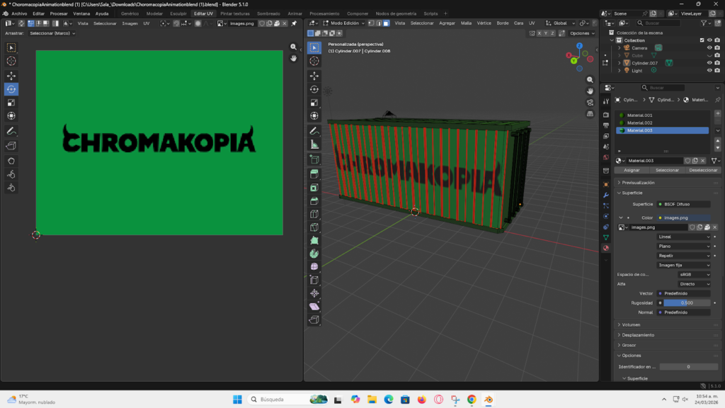 Aplicación de textura con el logo de Chromakopia y color verde característico sobre un contenedor 3D en Blender"