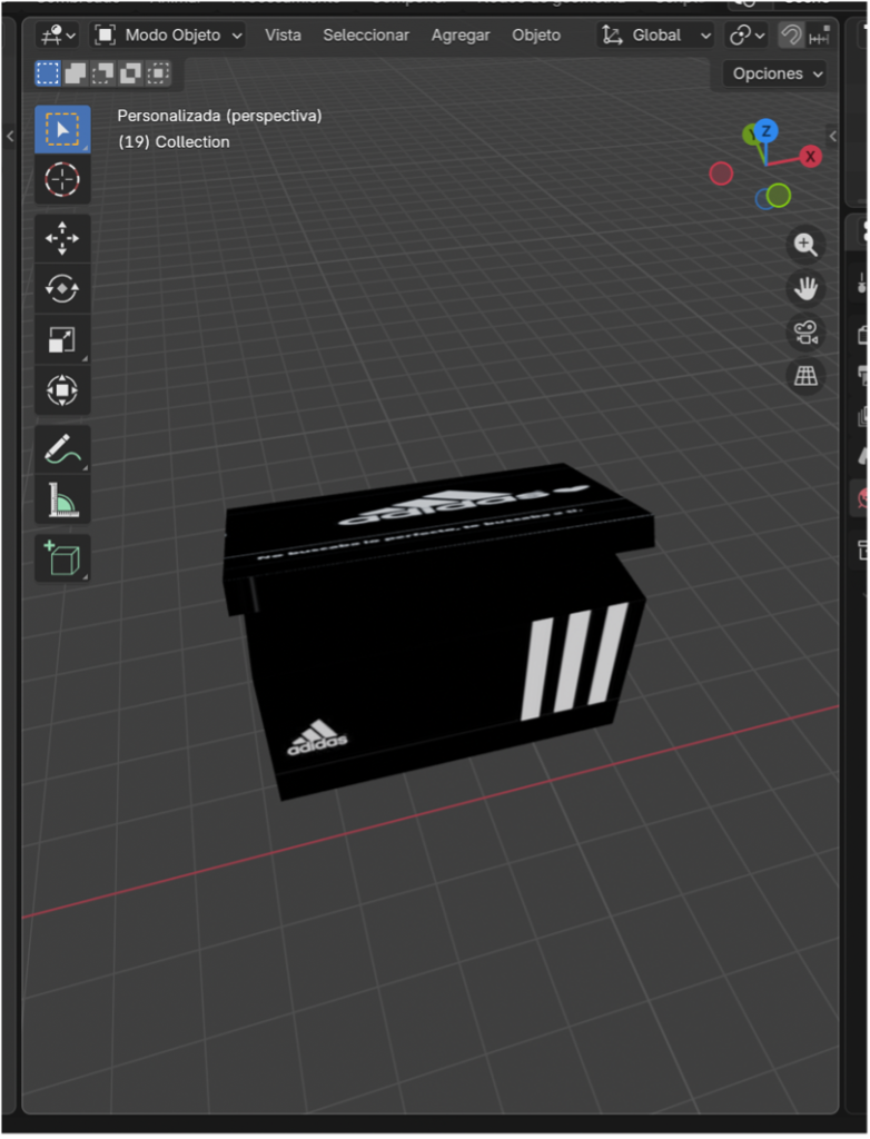 Caja de zapatos completamente texturizada en vista 3D.