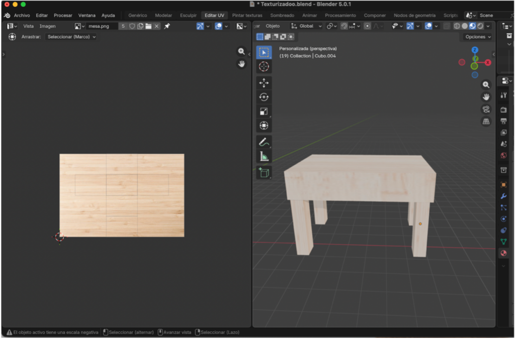 Mesa completa con textura de madera aplicada.