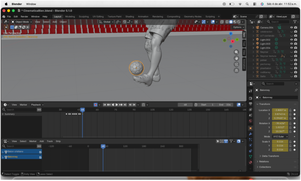Viewport en Solid con keyframes insertados en Dope Sheet para sincronizar movimientos del balón con Neymar