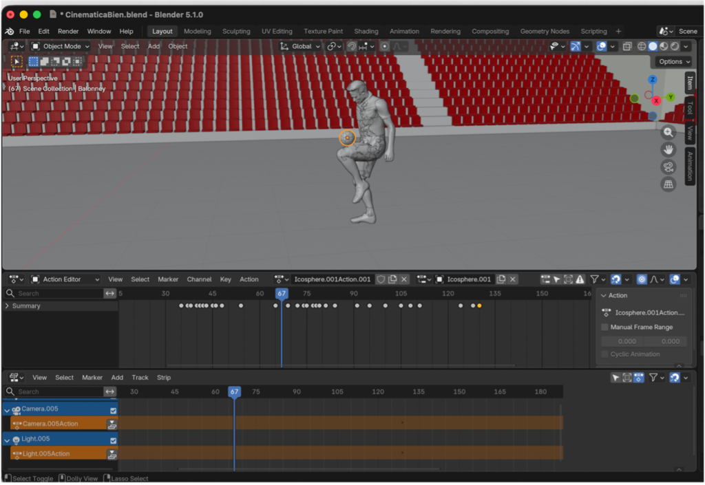 Viewport en Solid con keyframes insertados en Dope Sheet para sincronizar movimientos del balón con Neymar