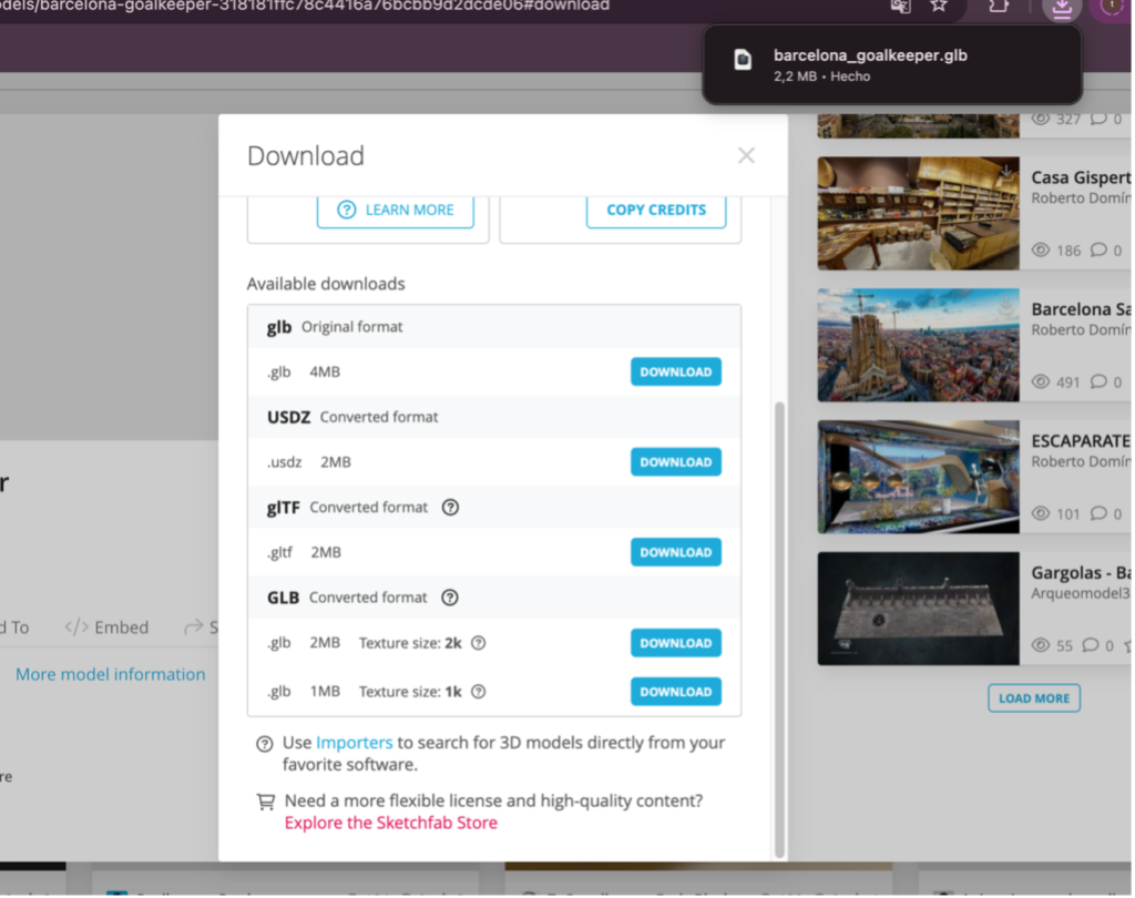 Búsqueda y descarga del arquero del Barcelona en Sketchfab en formato GLB con texturas 2K
