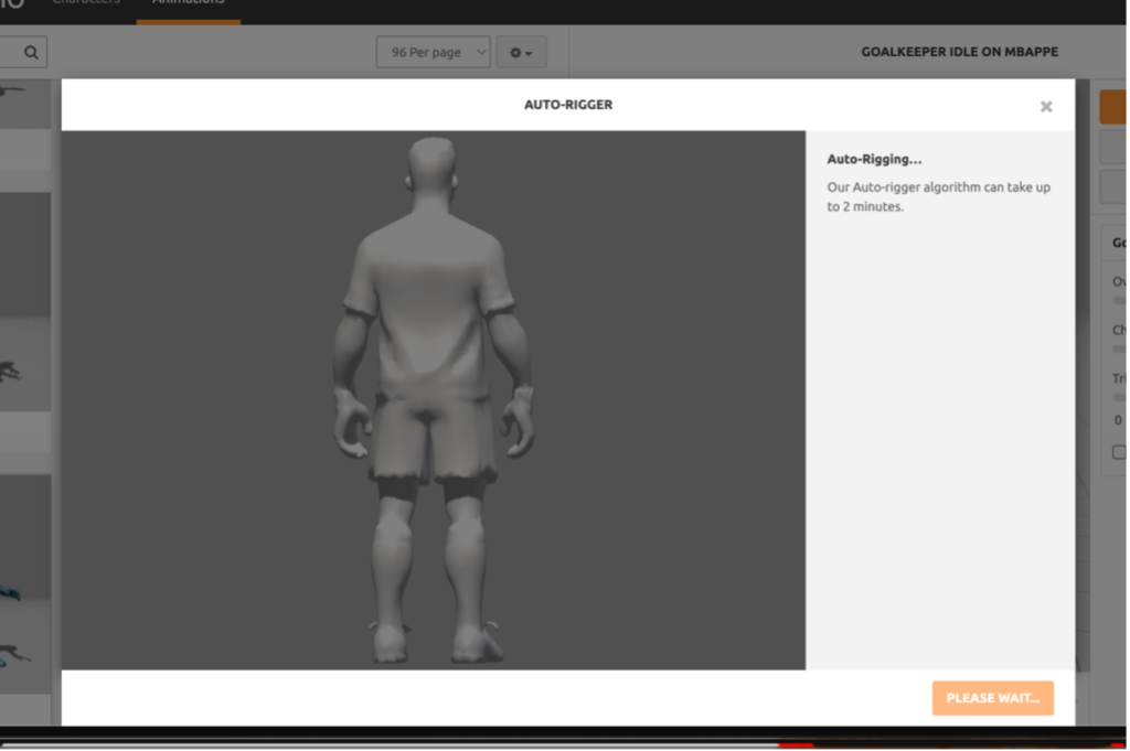 Arquero del Barcelona exportado como FBX desde Blender y subido a Mixamo con Auto-Rigger aplicado