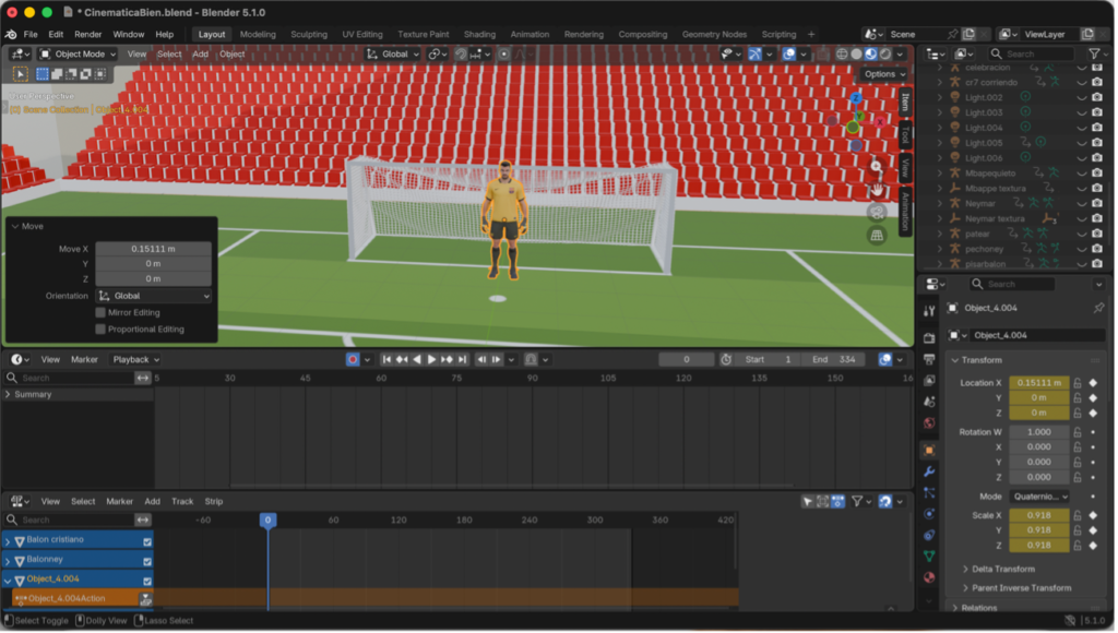 Arquero del Barcelona importado en Blender con textura asignada y posicionado correctamente frente al arco