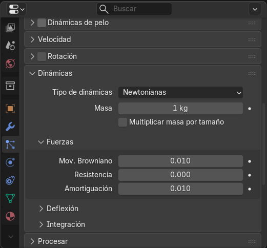 Creación de cinemática: Ajuste de propiedades del sistema de partículas