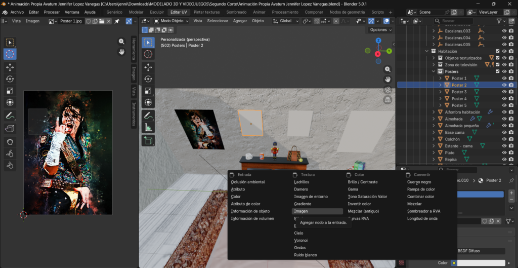 Creación de cinemática: Modelado de posters y asignación de texturas con superficie de emisión