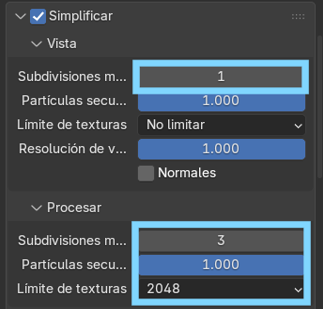 Creación de cinemática: Ajustes de salida Selección de Simplificar y ajuste de cantidad de subdivisiones