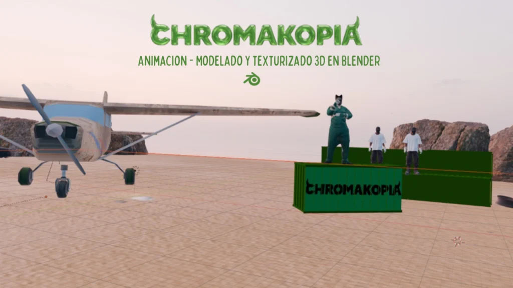 Escena de animación 3D en Blender con personajes en un entorno desértico estilo Chromakopia