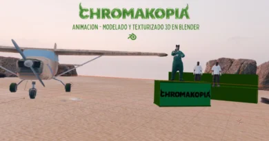 Escena de animación 3D en Blender con personajes en un entorno desértico estilo Chromakopia