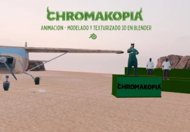 Escena de animación 3D en Blender con personajes en un entorno desértico estilo Chromakopia