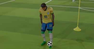 Neymar 3D con balón en campo de fútbol cinemática Blender