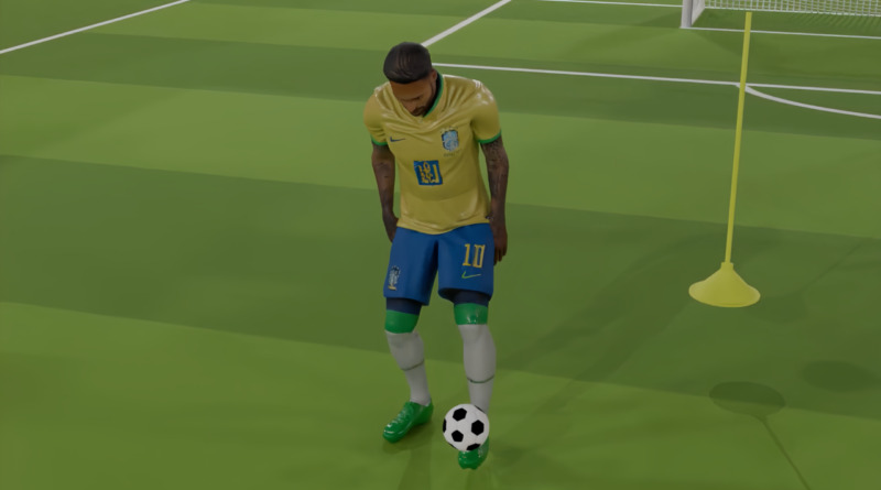 Neymar 3D con balón en campo de fútbol cinemática Blender