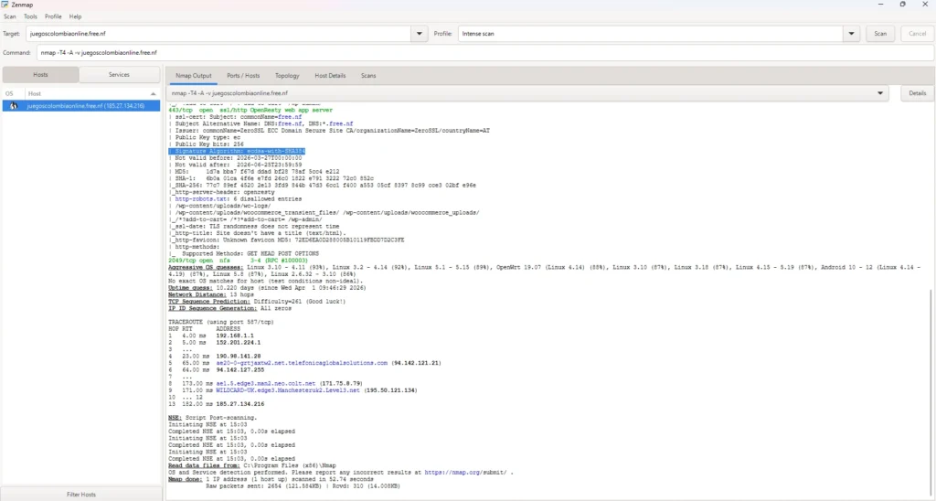 Captura de pantalla tomada por el autor. Continuaci´on del reporte de Nmap donde se analizan los servicios especıficos encontrados.