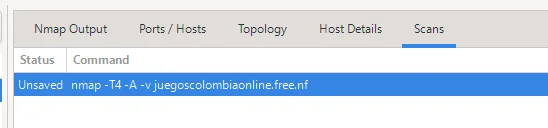 Captura de pantalla tomada por el autor. Muestra la interfaz de Zenmap con los parametros de escaneo intenso configurados para el objetivo.