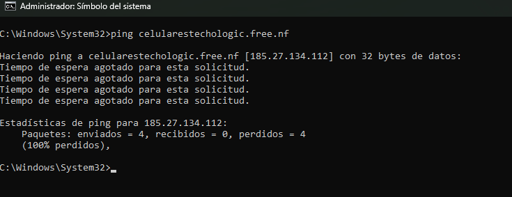 Resultado del comando Ping con pérdida total de paquetes