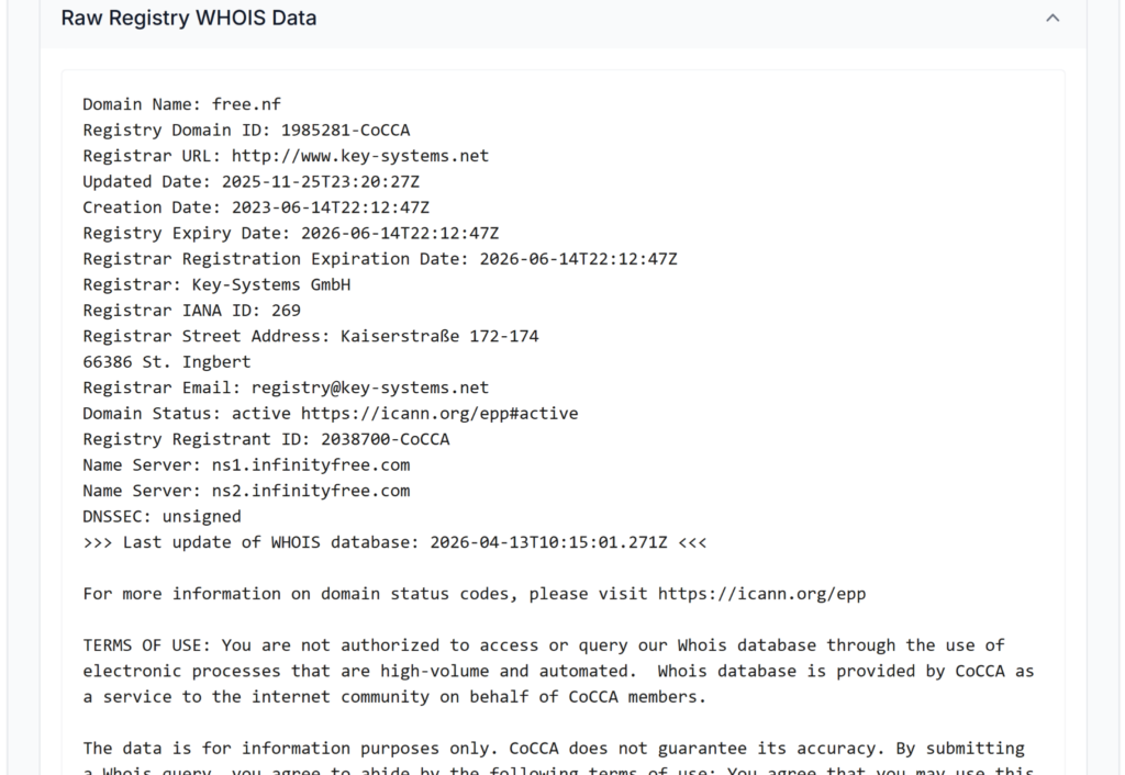 Datos WHOIS de registro sin procesar