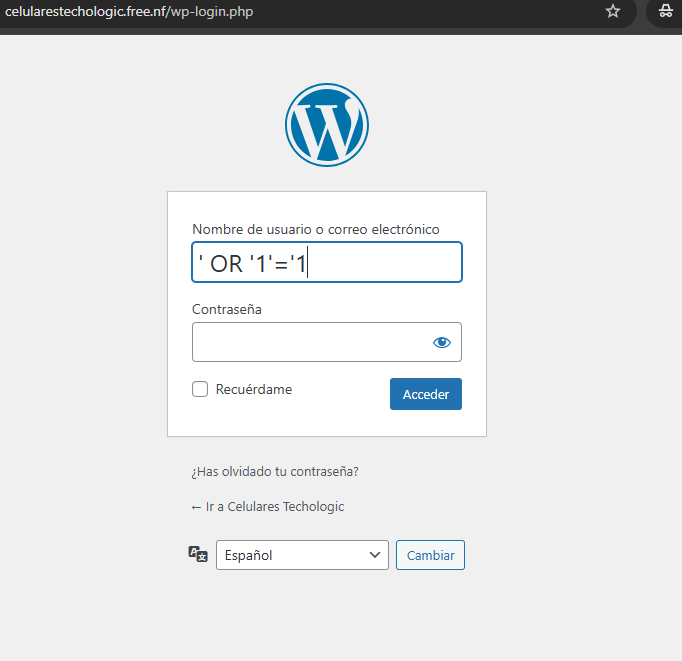 Formulario de login con payload SQL ingresado