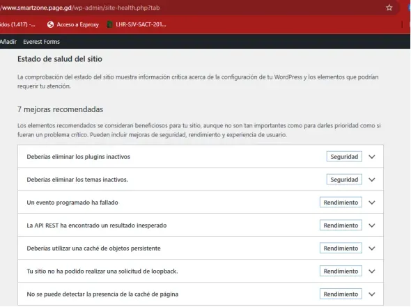 Estado de salud del sitio con 7 mejoras recomendadas 