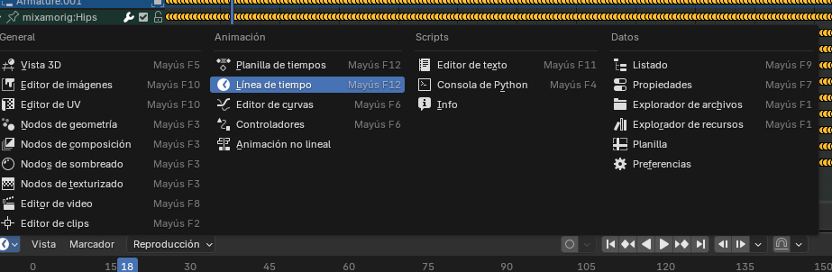 Vista de la línea de tiempo en Blender con múltiples pistas de animación sincronizadas para una secuencia cinematográfica natural