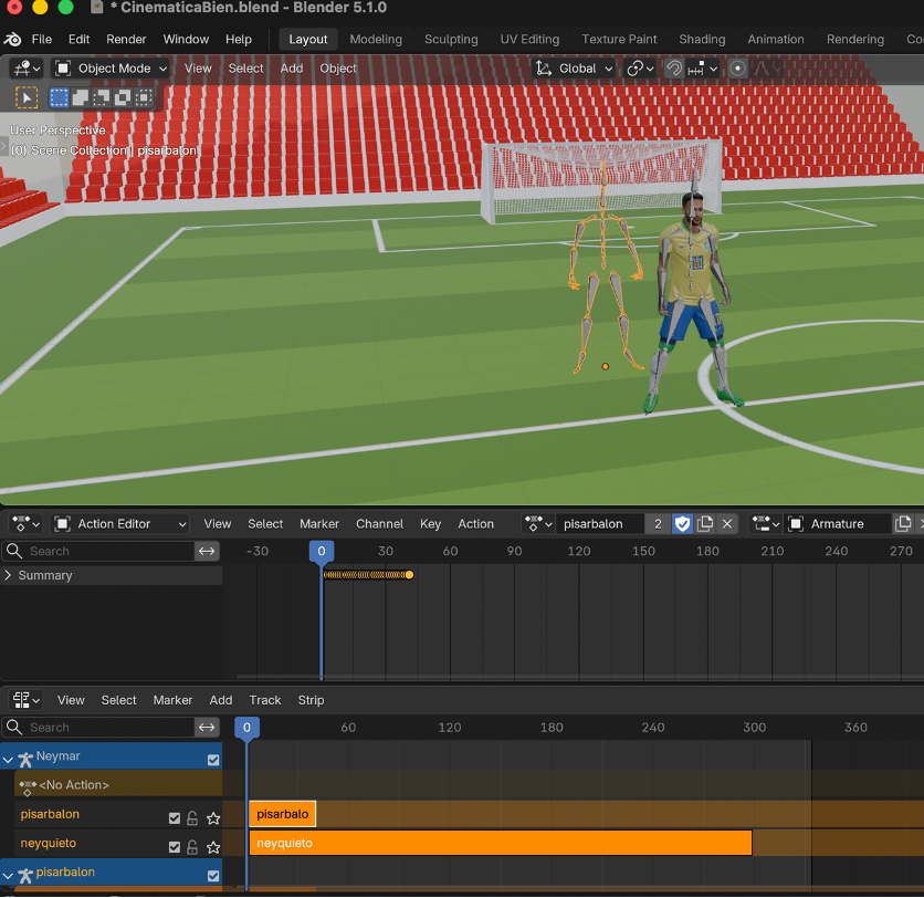 Cuatro animaciones de Neymar en NLA Editor con Push Down Blend In y Extrapolation Nothing configurados