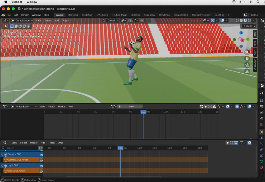 Cinemática 3D de fútbol en Blender jugadas de Neymar en Material Preview