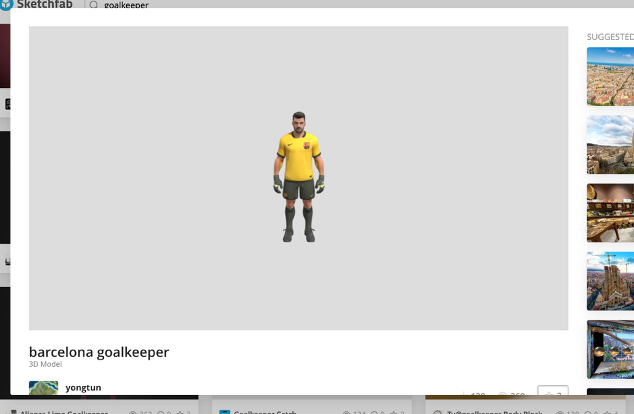 Búsqueda y descarga del arquero del Barcelona en Sketchfab en formato GLB con texturas 2K