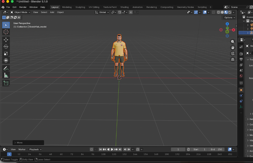 Arquero del Barcelona exportado como FBX desde Blender y subido a Mixamo con Auto-Rigger aplicado