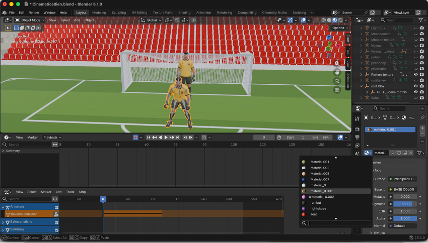 Arquero del Barcelona importado en Blender con textura asignada y posicionado correctamente frente al arco un personaje clave dentro de nuestra cinemática 3D de fútbol en Blender.