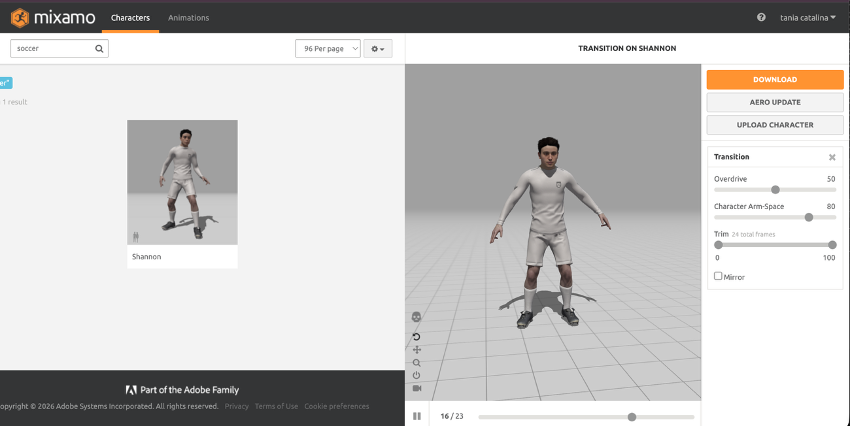 Jugador genérico con uniforme blanco descargado directamente desde Mixamo con animación de pase incluida