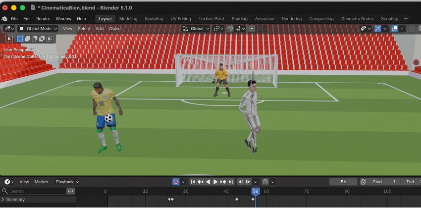 Jugador blanco con armadura y animación importado y posicionado en el campo dentro de la cinemática en Blender