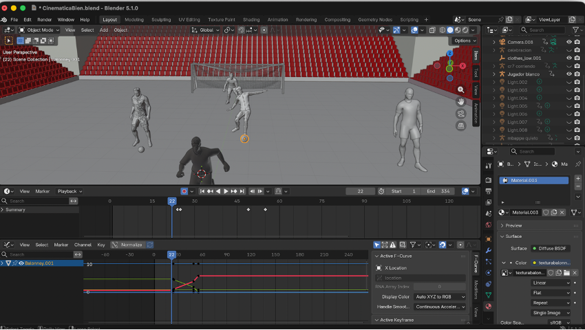Timeline y Graph Editor con keyframes del balón en interpolación Linear para pase fluido del jugador blanco logrando la fluidez que caracteriza una buena cinemática 3D de fútbol en Blender.