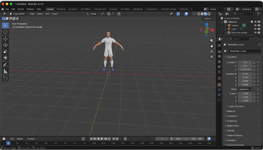 Mbappé descargado de Sketchfab importado a Blender exportado como FBX y subido a Mixamo con Auto-Rigger