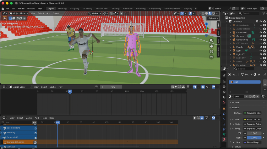 Mbappé importado en la cinemática de Blender con textura asignada y posicionado para recibir pase del jugador blanco