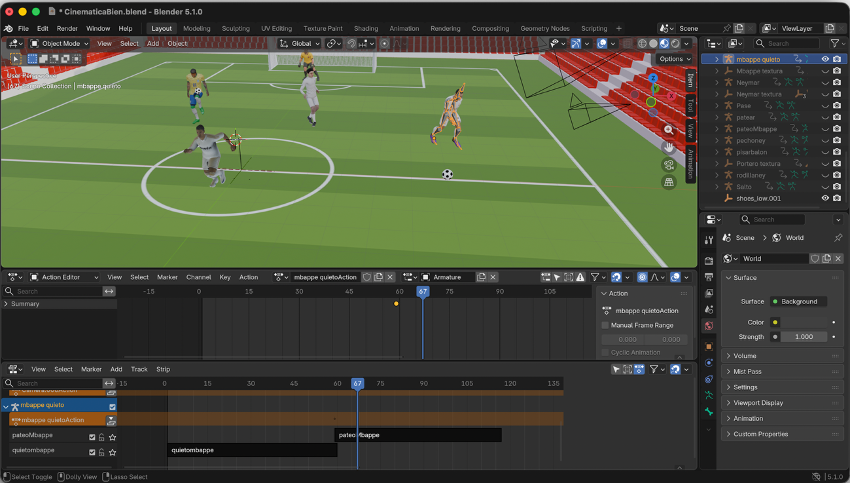 Sincronización del balón con la animación de Mbappé para recibir pase y enviarlo hacia Cristiano Ronaldo