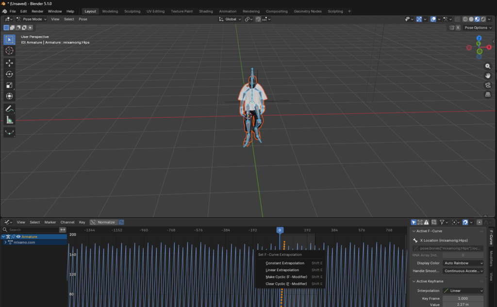 Gestión de múltiples acciones de movimiento en el Action Editor de Blender para organizar los clips de animación del personaje