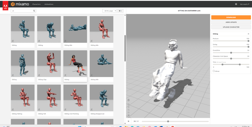 Interfaz de la plataforma Mixamo mostrando la previsualización de una animación de baile aplicada al modelo 3D del personaje