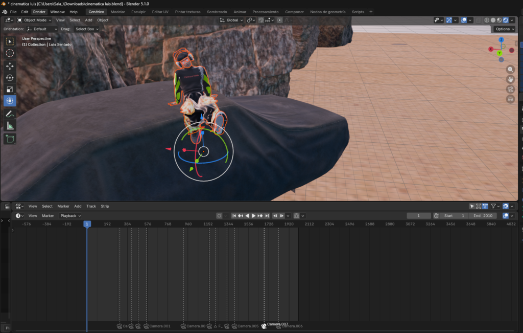 Gestión de múltiples acciones de movimiento en el Action Editor de Blender para organizar los clips de animación del personaje