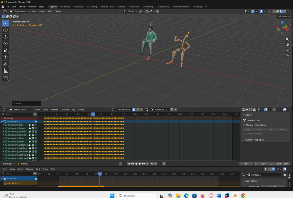 Organización y etiquetado de animaciones en Blender para facilitar la identificación de movimientos como 'caminar' o 'bailar' en la línea de tiempo
