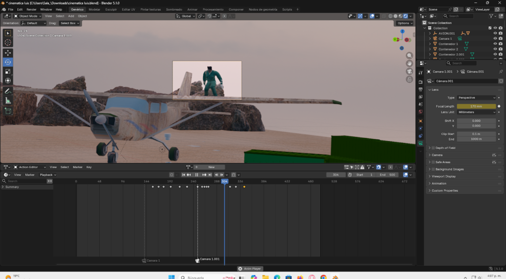 Ajuste de la distancia focal a 90mm en el panel de propiedades de la cámara para enfatizar al personaje principal