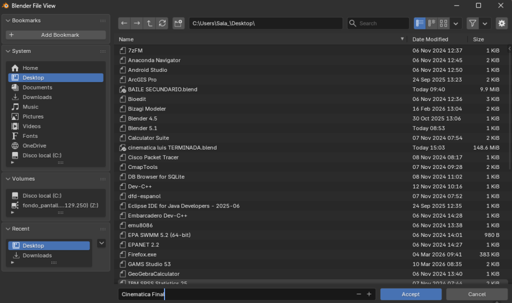 Ajuste de la ruta de salida y formato de archivo en Blender para exportar el proyecto final directamente al escritorio