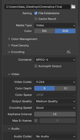 Configuración técnica del renderizado en Blender utilizando el formato FFmpeg Video y el códec H.264 para obtener un archivo MP4 de alta calidad